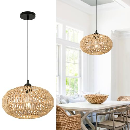 FORCOSO Lámpara de techo colgante de ratán, pantalla de ratán estilo bohemio, lámpara colgante de ratán, accesorio de luz vintage E27, accesorios de lámpara de techo rústica para sala de estar