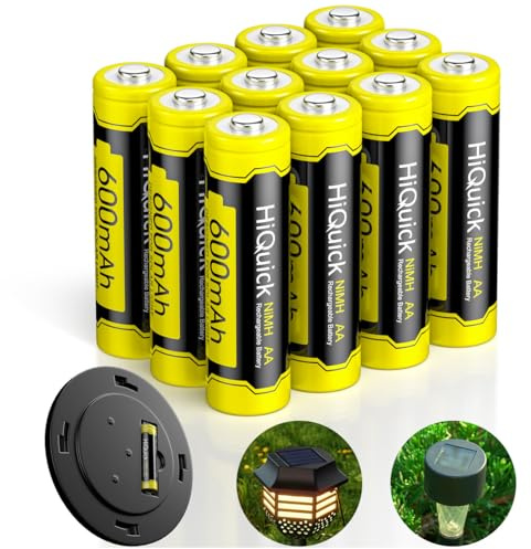 HiQuick Solar AA Akkus, 12 Stück NI-MH Solar-Batterien AA 600mAh, Wiederauflade Solarbatterie Für Solarleuchten, Akkubatterien geringe Selbstentladung