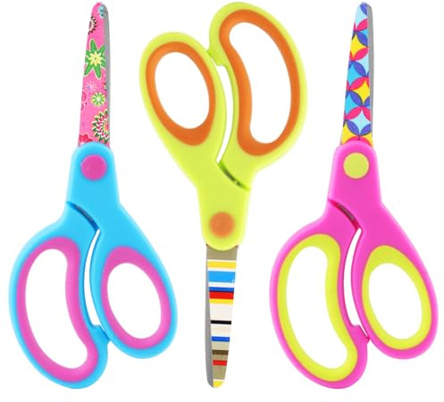 Scissors Set of 3 Pack, Safety Children Kid Scissors,Small Craft Kids Scissors with Blunt-Tip Floral Print Blade and Soft Grip,Great for Diy,Arts,Home,School Classroom Use