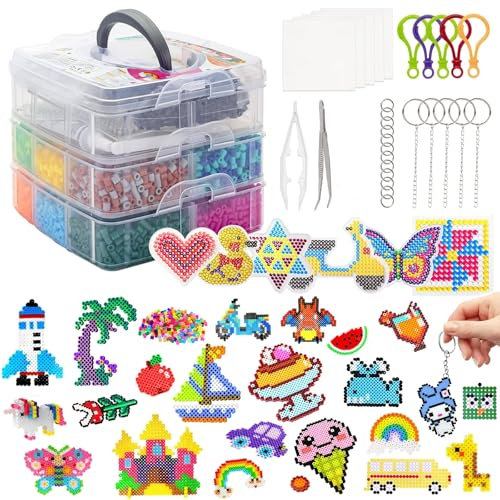 KOOSREEL Bügelperlen Set,11000 Stück 5mm Steckperlen mit Aufbewahrungsbox,Bügelperlen Platten,DIY Perlen für Schmuck, Deko, Verzierungen und 3d Geschenk Bastelideen