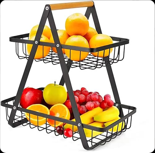 AMSAMOTION 2 Stockig Obstkorb Etagere, Obstschale Etagere Holzgriff, Obst Etagere 2 Stöckig, Metall Schwarz Obstschalen mit Griff für Obst, Gemüse, Snacks zu Hause, Küche, Büro