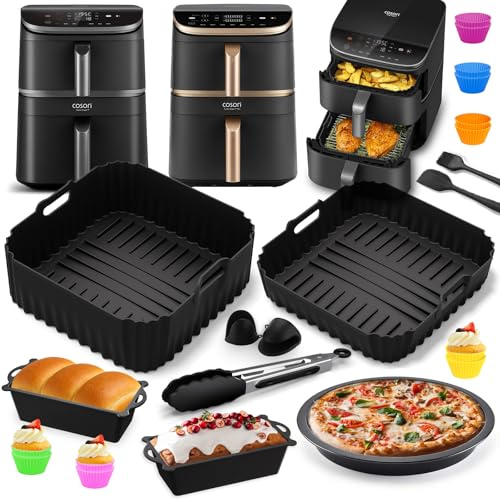 Heißluftfritteuse Zubehör für COSORI Turbo Tower Pro 2 kammern 10,8L(6,5L/4,3L), 2Pcs Airfryer Silikonform, Pizzaplatte, Kuchen Brotform usw Zubehör für COSORI Double Stack Airfryer 10,8L