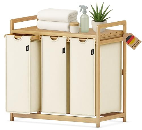 XMHome Tvättkorg 3 fack 148 L stor fyrkantig bambu | tvättlåda visuellt attraktiv tvättsorterare i 77,5 x 41,3 x 77,5 cm beige
