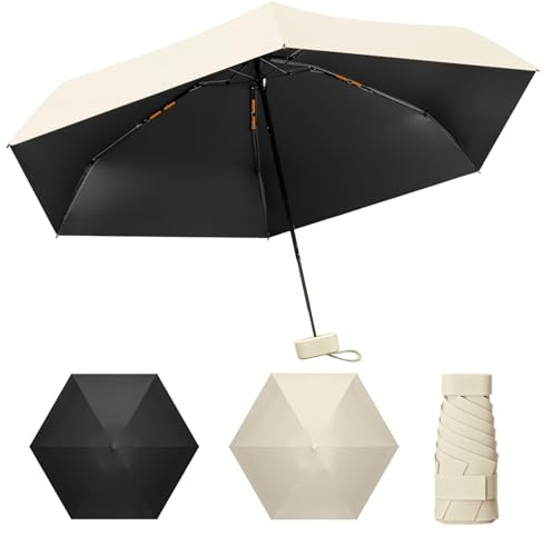 UOOGOU Portable Mini Umbrella,Foldable Long Handle with Auto Open 6 Ribs Wind-Resistant Small Umbrellas, Office Car Walking, Pocket Portability Mini Emergency Rain Gear, Adult Women Men (Beige)