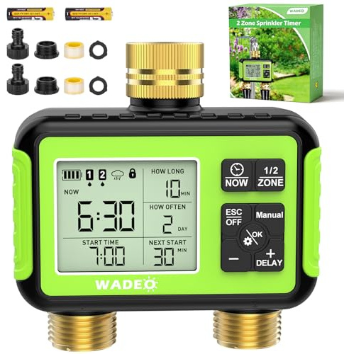 WADEO Programador de riego 2 Salidas, Entrada y Salida de latón, Pantalla LCD, riego automático, Temporizador de Agua con Modo automático/Manual/retardo por Lluvia, para jardín y césped