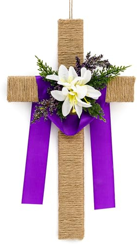 Fangoo 40 x 23 cm Pascua Cruces de Madera Decoración con Lily Religioso Cruce Letrero para Puerta Colgado Primavera Pascua Decoración del Hogar para Puerta Pared Porche