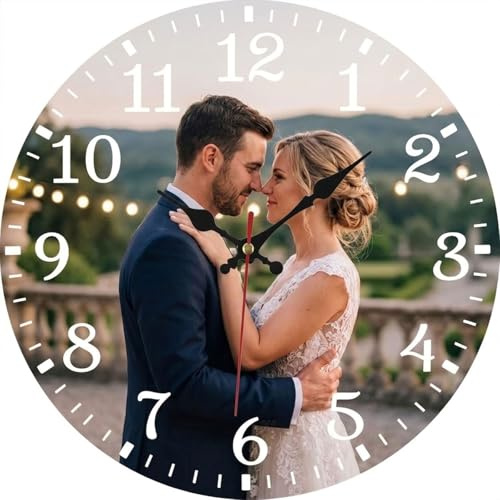 NGBEWU Personalised Photo Wall Clock, Custom Silent Wall Clock with Text/Image, Round Wooden Wall Hanging Clock for Living Room Decor, Keepsake Gift for Birthday, Wedding, Christmas (Style 1)