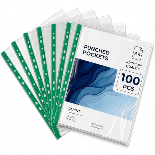 Roe Tenpo Bolsillos perforados A4 – Paquete de 100 carteras de plástico transparente reforzado A4 | Bolsillos de polietileno de apertura superior para archivos y carpetas de anillas (paquete de 100)