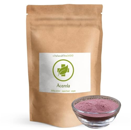 vitalundfitmit100 Acerola Pulver 300 g – Rohkost, aus reifen Acerola-Kirsche, vegan