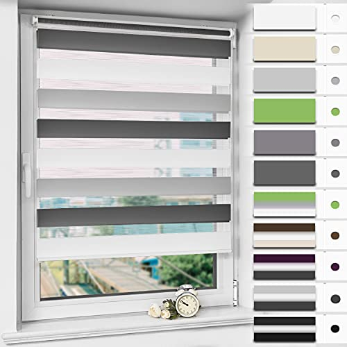 Magiea Doppelrollo Klemmfix ohne Bohren & mit Bohren, Weiß-grau-anthrazit B45 x H130 cm Stoffbreite 41 cm, Klemmrollo lichtdurchlässig und Blickdicht, Fensterrollo Sonnenschutzrollo für Fenster