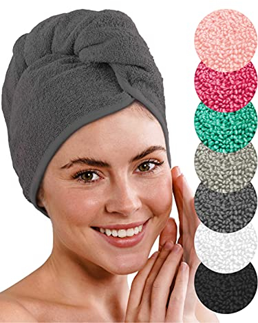 LAYNENBURG 2er-Set Premium Haarturban mit Knopf aus 100% Baumwolle - Haar-Handtuch inkl. 8 Haargummis - für Kurze und Lange Haare – Turban Handtuch ist schnelltrocknend und saugstark (anthrazit)