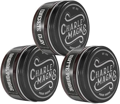Charlemagne Haarwachs-Styling-Set - 3 x 100 g - Matte Pomade, Original Pomade & Concrete Clay - Feuchtigkeitsspendend - Haarstyling Geschenkset Männer