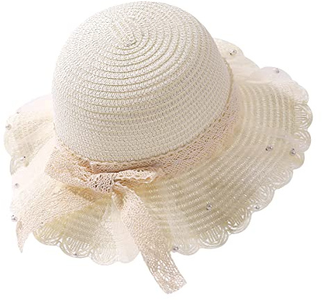 HATONHINT Little Girl Straw Hat UPF 50 Kids Summer Beach Packable Beach Hats Toddler Girl Cute Floppy Bowknot Bucket Hats Milk White