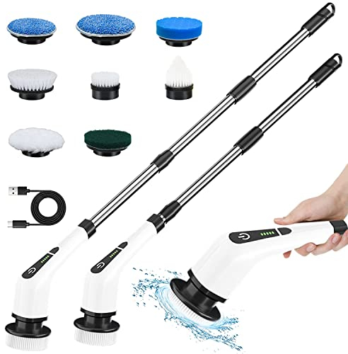 Elektrische Reinigungsbürste, TOPMAKO Neues Spin Scrubber schnurlos mit 8 austauschbaren Bürstenköpfen und verstellbarem Griff 30-137CM, 2 Rotationsgeschwindigkeiten für Badezimmer, Küche, Auto