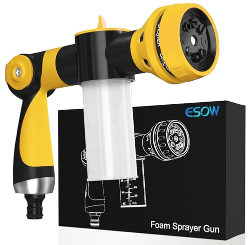 ESOW Buse de tuyau d'arrosage, pistolet à mousse haute pression 8 voies avec distributeur de savon, pistolet à neige pour lavage de voiture, arrosage des plantes, pelouse, terrasse, jaune