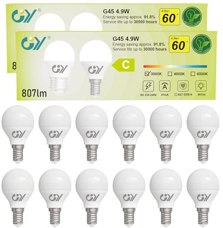 GY E14 LED Warmweiss Lampe 4.9W 3000K 807 Lumen Warmweiß Leuchtmittel,G45/P45 Energiesparlampe 60W lampe ersetzt,Nicht Dimmbar LED Birnen,12 stück