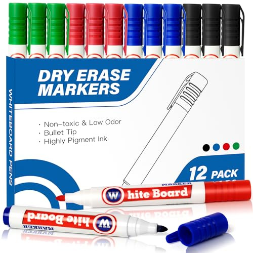 Reaeonat Whiteboard Marker Pens, 4 Assorted Colors Dry Erase Markers, Low Odour Vivid Colour Dry Erase Marker Pen for Home Office Supplies (Pack of 12)