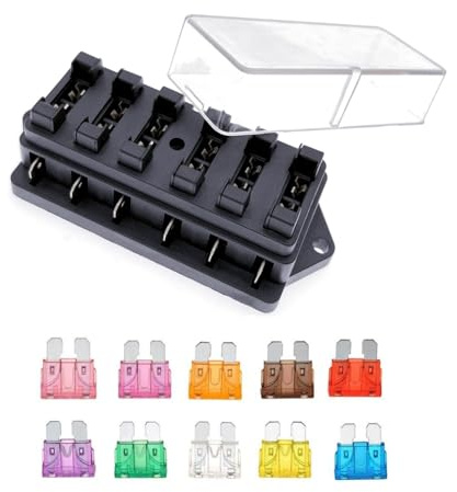 JZK BH-6P 12V 24V 32V 6 way standard blade fuse holder box board fusebox for car campervan boat and other vehicle, with 10x blade fuses