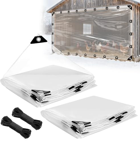 6.6x13ft Anti-Tear Clear Tarp Waterproof - 2pcs Windproof Poly Tarpaulin, Heavy Duty Transparent Enclosure with Grommets for Covering Chicken Coops Greenhouse Garden Plants