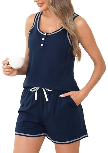 Wikoan Pyjama Femme Ete Coton Pyjama Femme Court Ensemble de Pyjama Shorts avec T-Shirt sans Manches 2 Pièces Vêtements de Nuit Bleu Marine XL