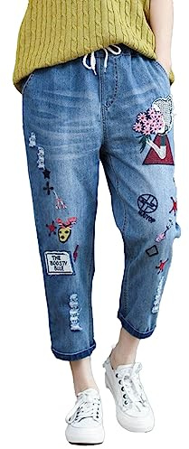 Pantalones vaqueros Boyfriend para mujer con flores, estilo harén, retro, cintura elástica, cordón, 7/8, pantalones casuales, pantalones capri, pantalones ajustados, pantalones vaqueros rectos,