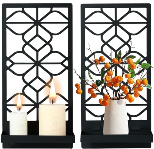 2 Packs Metal Wall Candle Sconce Holders Retro Wall Art Decor Farmhouse Rustic Sconces Wall Mount Set of Two Aesthetics Minimalist Wall Hanging with Shelf for Living Room, Bathroom, Dinning Room