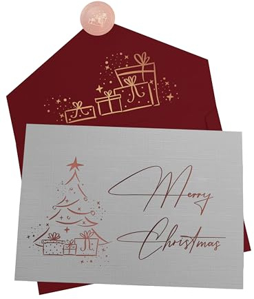 Joli Coon Papeterie Carte de noël - Élégante carte Merry Christmas en papier design 350g avec enveloppe premium rouge et autocollant cachet en or rose - 17 × 11,5 cm