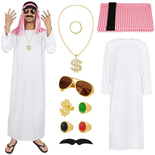 BSBUY Disfraz Jeque Arabe Hombre, 10Pcs Disfraz Hombre con Collar, Anillo, Gafas y Barba, Arabian Costume Hombre, Conjunto de Disfraz Jeque para el Carnaval, Fiesta, Cosplay