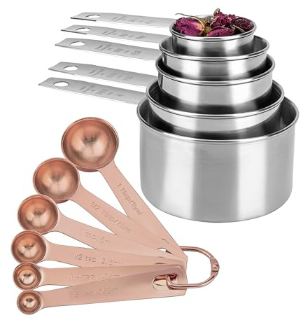 Jenatripom Stainless Steel Measuring Cups and Measuring Spoons Set, Heavy Duty 6 Rose Gold Measuring Spoons and 5 Silver Measuring Cups for Baking & Cooking (11 Pcs)