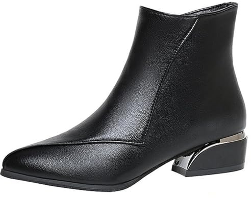 ZPLMIDE Botines de tacón bajo para mujer, botas de moda con cremallera lateral, de piel, impermeables, elegantes, ajustadas, para el trabajo, Black, 0 UK