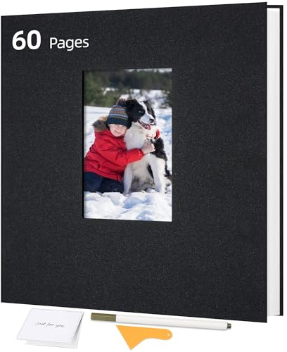 Remowith Large Self Adhesive Photo Album Scrapbook with Window Linen Cover, 60 Pages for 4x6 5x7 8x10 Photos, Family Baby Wedding Memory Book, Black 11x10.6 inch
