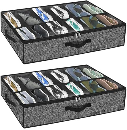 Chiluxendo Set di 2 Organizer Scarpe Sottoletto con Coperchio Trasparente, Scatole Porta Scarpe Pieghevole in Tessuto, Portascarpe da Armadio con Manici e 12 Scomparti(Lino Nero, 74 × 60 × 14cm)