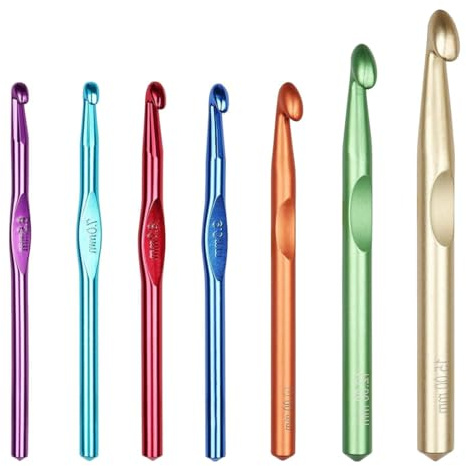 LUDHEP Agujas de Ganchillo, 7 Piezas, Ganchillo Gancho Agujas de Tejer Herramienta de Punto, Agujas de Ganchillo Multicolor de Aluminio, tamaños 6.5/7/9/8/10/12/15 mm, para Principiantes Novatos