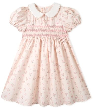 Miipat Små flickor bomull smockad blommig klänning, elegant vintage ledig puffärm prinsessa sommar barnklänningar, Rosa blommönster små, 4-5 ans