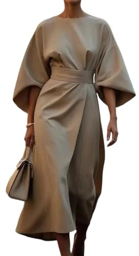 Vestido Largo de Mujer con Cintura Imperio, Elegante y con Clase, Ideal para invitadas a Bodas de Verano, Color Caqui, Talla 3X-Large.