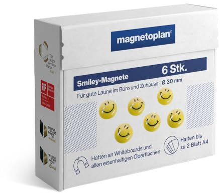 magnetoplan Smiley Magnete, Durchmesser 30 mm, 6 Stück, gelb/schwarz
