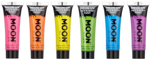 Moon Glow Pintura facial y corporal Intense Neon UV - naranja, amarillo, verde, azul, morado 12 ml (Paquete de 6)