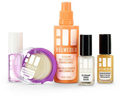 BELWEDER - Kit de Soins des Ongles - Routine Manucure Express Chez Soi - 7,5ml de Gel Ongle Exfoliant Express + 7,5ml Huile Nourrissante + 7,5ml Vernis à Ongles Vitaminé + 60ml de Dissolvant Doux
