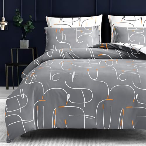 Pamposh Bettwäsche Bettbezug-Set Grau & Weiß Doppelseitige Reversible Design 3 Stücke mit Kissenbezüge Ultra Weiche Nicht-Eisen Luxuriöse Mikrofaser (Grau/Weiß/Orange), Einzelbett (135 x 200 cm)