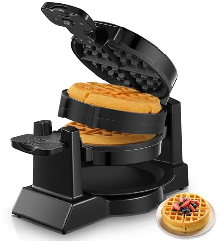 Waffle Maker, 1400W Double Belgian Waffle Iron 180° Flip, 8 Slices in 3 Mins, Rotating & Nonstick Plates, Anti-Scald, Removable Drip Tray Easy to Clean, Cool Touch Handle, Space-Saving Storage(Black)