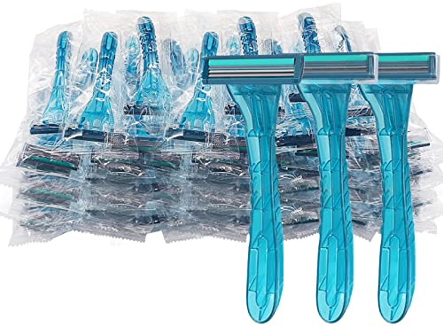 100 Pack Disposable Razors Individually Wrapped, Razors Bulk, Twin Stainless Steel Blade Razors for Hotel, Travel, Airbnb, Homeless (Blue)