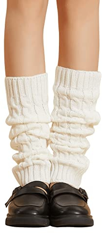 Verdusa Women's Harajuku Leg Warmers Y2K Solid Rib Knit Long Socks Cable Knit White one-size
