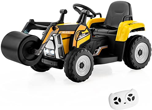 COSTWAY 12V Electric Ride on Car, Kids Battery Powered Road Roller Tractor with Remote Control, Adjustable Drum Roller, LED Lights, Music and USB, for 3+ Years Old Boys Girls
