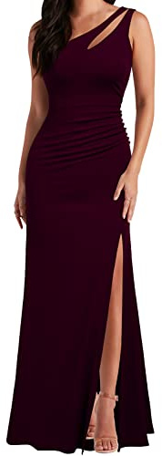 WOOSEA Women's One Shoulder Sleeveless Split Bodycon Mermaid Evening Cocktail Long Dress Burgundy