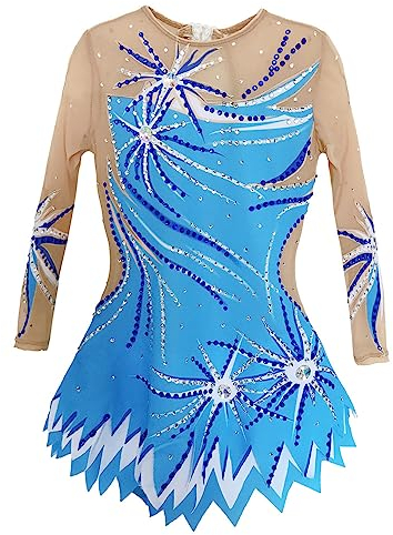 JRUIA Bedruckter Turnanzug Für Rhythmische Gymnastik Eiskunstlauf Kleid Für Mädchen Damen Eislauf Performance Kostüm Handgefertigt Elastizität Wettkampf Ballettbekleidung,Blau,12_15Years