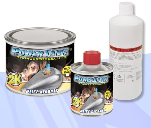 POWER TANK - Tankversiegelung Motorrad 2k Weiß Keramik 350 g Set Tankentroster Innen Versiegelung Tanksanierung Rost Tank Entrosten Und Versiegeln Tankinnenlack Tankbeschichtung Rostlöser Auto Moped