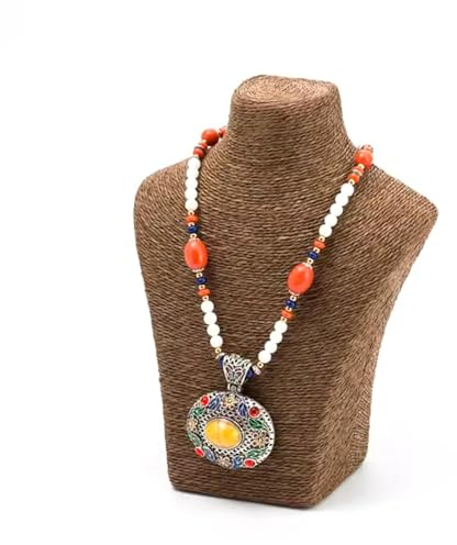 Expositor Collares Soporte de collar tejido de paja, maniquí de exhibición de joyería, soporte de exhibición de busto marrón para organizador, soporte en T para encimera ( Color : Brown , Size : Large