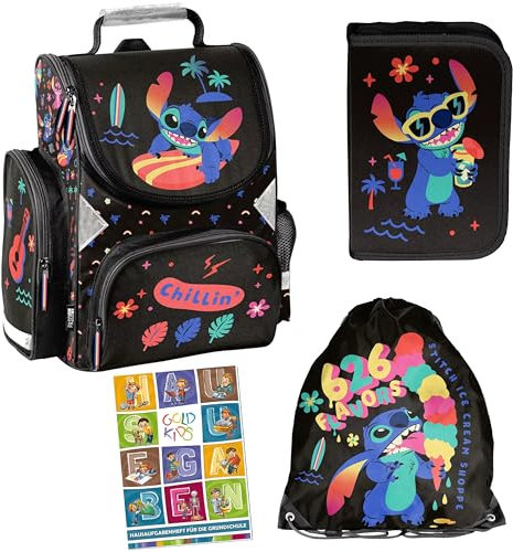 Goldkids - Schulranzen für Jungen und Mädchen, 4er-Set - Schul-Rucksack für Kinder mit Federmäppchen - Schuhbeutel und Hausaufgabenheft - Lilo und Stitch Motiv - 1-3 Klasse