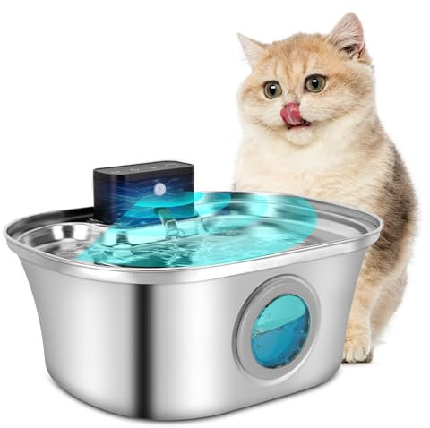 Cat Water Fountain for Drinking, 3.2L Wireless Cat Fountain, Stainless Steel Dog Water Fountain with Motion Sensor, Ultra Quiet (Silver, 3.2L Boat Type)
