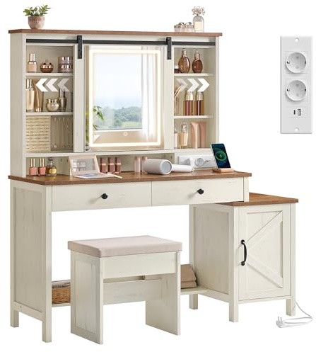 VASAGLE LIRY Collection – Coiffeuse avec Miroir et Éclairage, Style Ferme, avec Tabouret, Multiprise, 2 Tiroirs, Rangement pour Bijoux, Blanc Rustique et Marron Miel RDT136W01